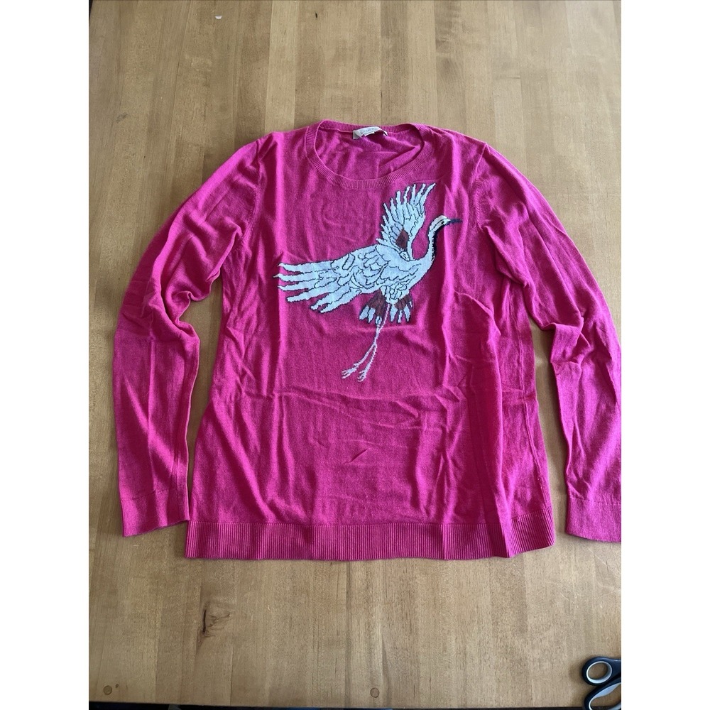 Loft Womens Sweater M Pink Wool Blend Bird Crane Knit Long Sleeve Casual Boho
